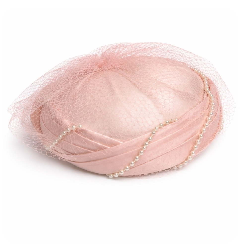 Vintage Lux 1950's Formal Pillbox Satin Hat Pearl Detail - Picture 3 of 9